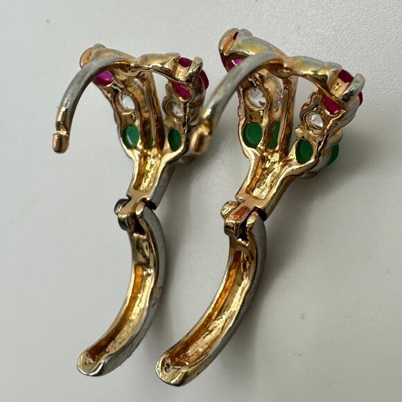 Vintage solid 9kt gold red lab ruby clear green cubic zirconia hoop earrings - Picture 8 of 10